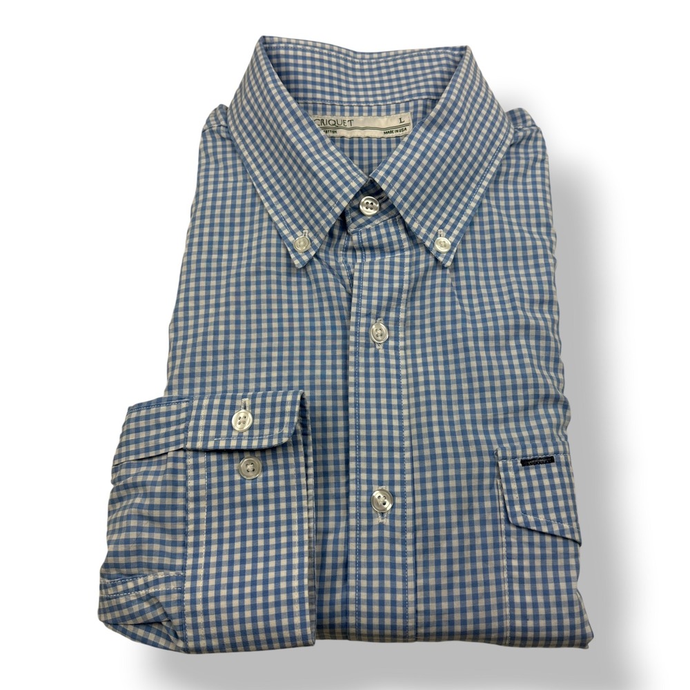 Criquet Mens Blue Gingham Check Button Down Long Sleeve Shirt Made in USA Large